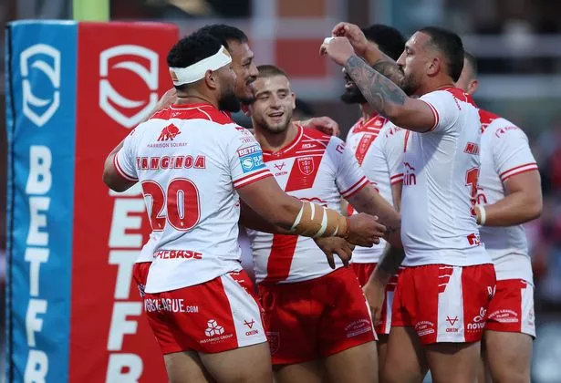 Hull Kingston Rovers' Sauaso Sue celebrates scoring a try