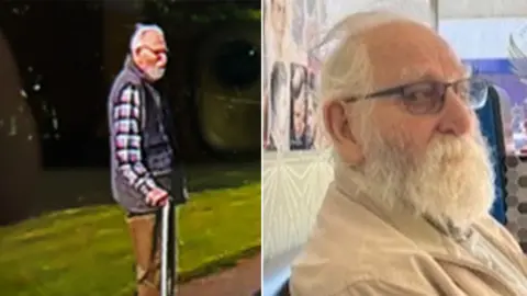Humberside Police A composite image of Malcolm. The one on the left is a CCTV still showing him standing with a stick wearing glasses and a check shirt, a gillet and brown trousers. The other on the right is a close up picture of Malcolm looking at the camera from a right-side perspective. He is wearing glasses and has white receding hair and white beard.