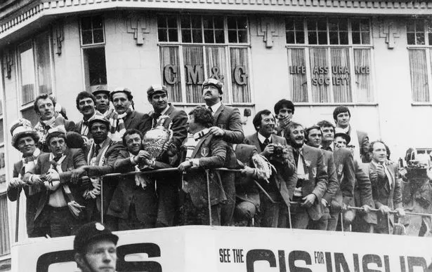 Hull KR tour the city in an open top bus after winning the 1980 Challenge Cup