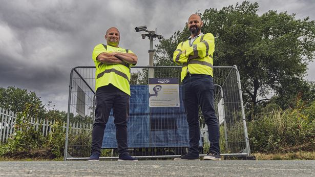 Launching a new camera tower in Cottingham are, from left, Eugene Smith (head of sales at Kingdom) and Matt Gent (service manager for streetscene enforcement at East Riding of Yorkshire Council).