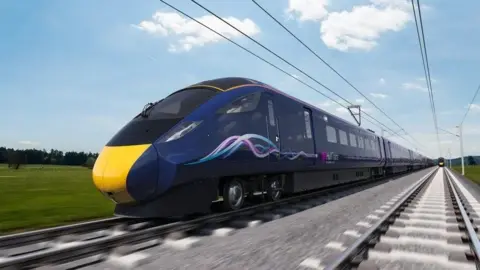 Hull Trains A blue high-speed train on an electrified track. The engine has a curved front end, which is painted yellow. It is passing green fields and trees under a light blue sky with wispy clouds.
