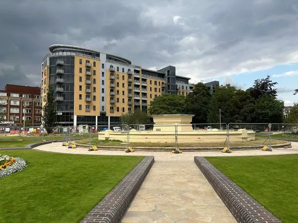 The Rose Bowl fountain itself remains behind railings