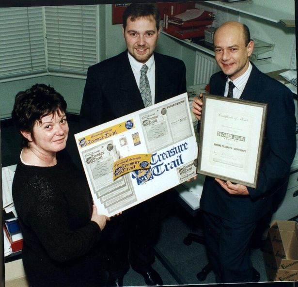 A picture from the Scunthorpe Telegraph archives showing Dave Forth, right, with Julie Holliday and Phil Hibbitt, award-winning newspaper sales staff in 1996