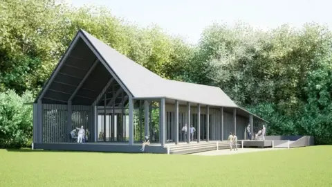 Hull4Heroes Artist's impression of a grey-coloured arched building with large glass doors. The building has a large lawned area to the front with trees in the background.