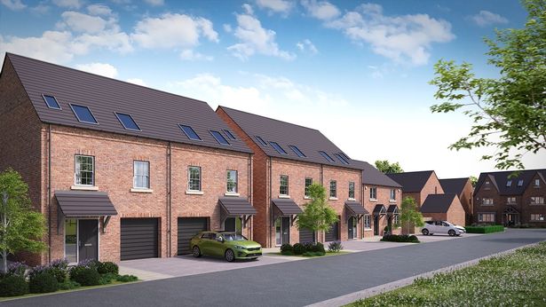 A computer-generated image of a street scene at The Orchard in Bubwith by Mulgrave Properties