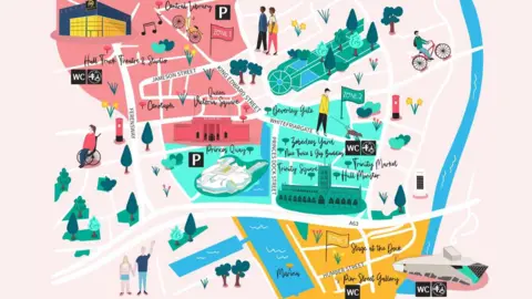 Hannah Penrose Illustrated map of Hull city centre, which has been organised into three zones. The map shows people, green spaces, building and landmarks such as Central Library, Hull Truck Theatre, the River Hull, marina and The Deep, as well as car parks, toilets, accessible toilets and Changing Places facilities.