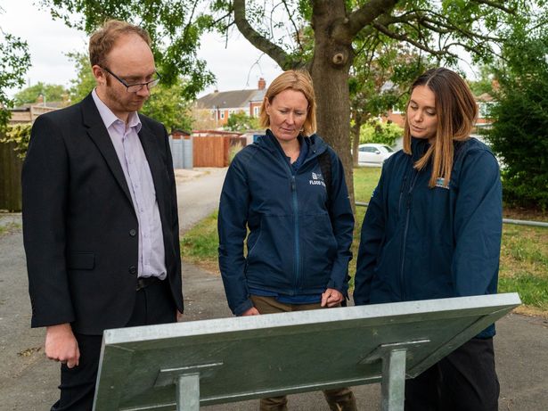 Cllr Charles Quinn, Rachel Glossop, Floor Risk manager, Hull City Council, and Emma Brown, manager of strategic partnership for Yorkshire Water and Living with Water general manager on site at Primrose Aqua-green