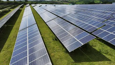 Getty Images Stock image of a solar farm, with glass panels facing the sky and placed on fields in the countryside