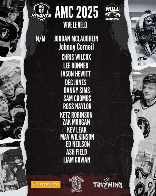 The roster for the charity ice hockey game on Sunday, August 24, at 4pm