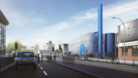 Hull City Council An artist's impression of the building facing on to Trippett Street. It has grey walls with a blue circle on the side and a blue chimney and blue cylinder at the back 