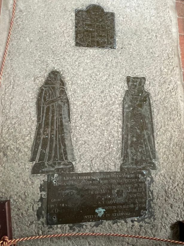 The bronze plates in St Mary's Church, Welwick, commemorating William and Ann Wright who were the parents of Gunpowder Plot gnag members John and Christopher Wright