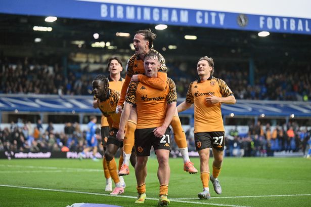 Joe Gelhardt celebrates Hull City's third goal at St Andrew's