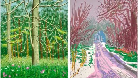 Sotheby's A composite of two drawings. On the left is a tree with several thin branches and a meadow beneath it of pink flowers amongst the greenery. On the right is a pathway with trees looming over it. You can see the pink and purple lines that make up the different areas of the drawings.