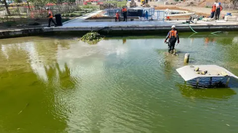 Hull City Council Large pond with murky green water. There is a worker with PPE walking in the water. There are five more workers on the pavement with construction fencing and material. 