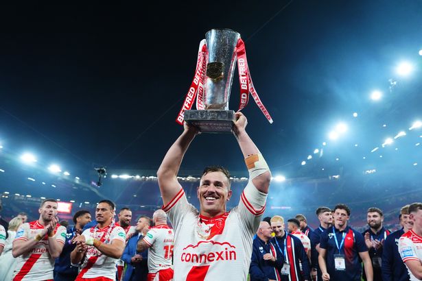 Hull Kingston Rovers' Jai Whitbread celebrates with the Betfred Super League trophy.