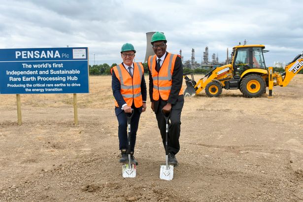 Paul Atherley, chairman of Pensana Rare Earths and Kwasi Kwarteng breaking ground on the site