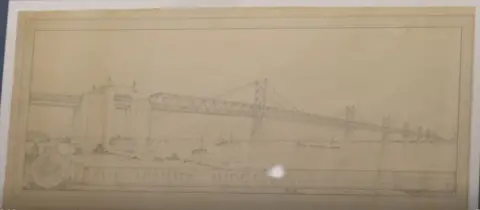 Ricochet Ltd The repaired monochrome drawing of the Humber Bridge. It shows a suspension bridge with steel girders and seven towers spanning a large river estuary with ships passing beneath it.