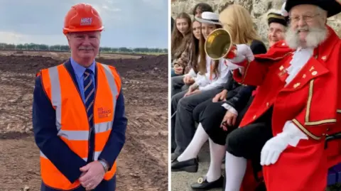 BBC Two images next to each other separated by thin white line. On the left a man in an high-vis orange jacket stands in a muddy field. On the right a man in full town crier regalia with red coat, black tricorn hat and white gloves rings a large bell while sitting on a bench.