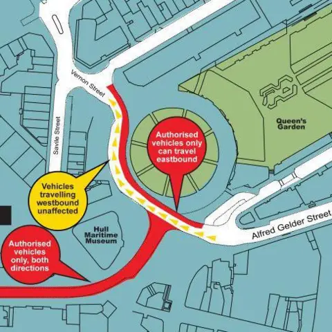 Hull City Council A map of the city centre showing the bus lane in red.