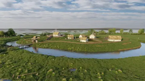 Benedict Dyson, York Archaeology, University of York An artist's recreation of Bransholme Castle. It features several thatched-roof houses inside a low enclosure accessed by a wooden bridge. The site surrounded by water and green grass under a cloudy sky. 