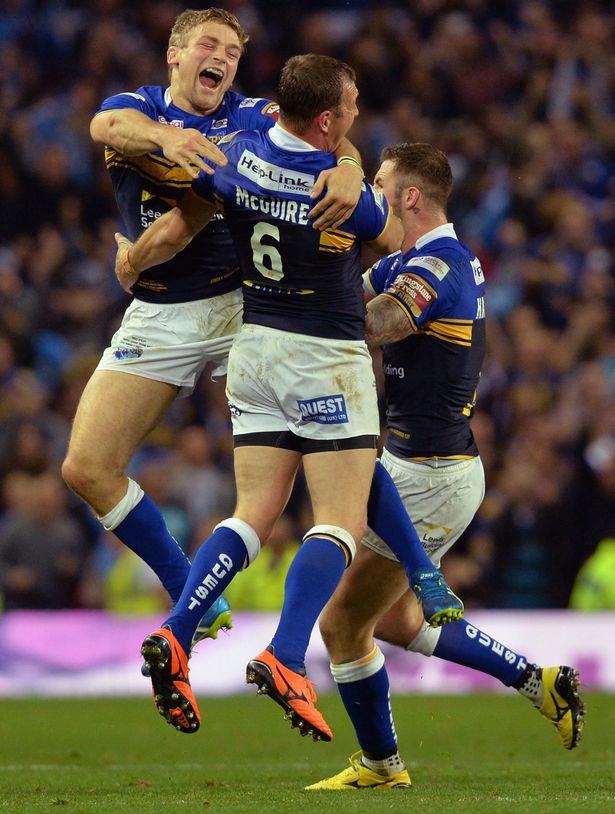 Leeds Rhinos' Danny McGuire and Jimmy Keinhorst (left) celebrate after winning the First Utility Super League Grand Final at Old Trafford, Manchester.