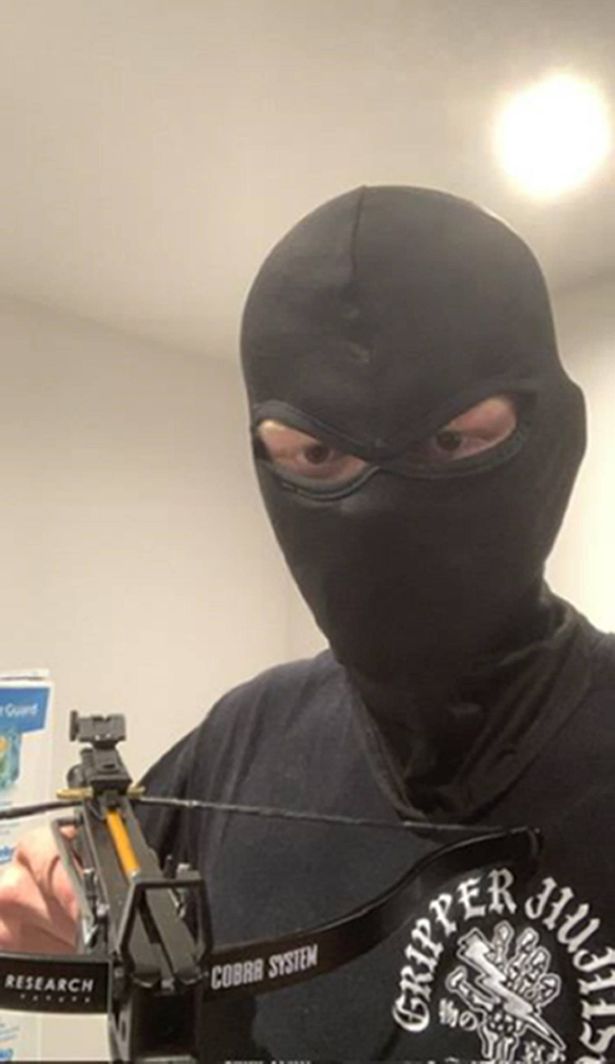 Undated handout photo issued by Counter Terrorism Policing North East of Jordan Richardson, with a crossbow and wearing a balaclava, who has been found guilty at Leeds Crown Court of planning a terror attack. Richardson, 21, started planning an 'atrocity', with possible targets including a shopping centre
