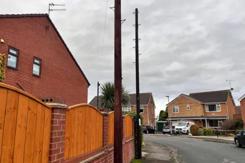 Two new brown broadband poles stand tall on a pavement outside homes in a residential area in Cottingham. They are installed close to a light-brown fence, close to the garden fence of a home. One is wired up, the other is not. A street sweeps round in front of other houses.