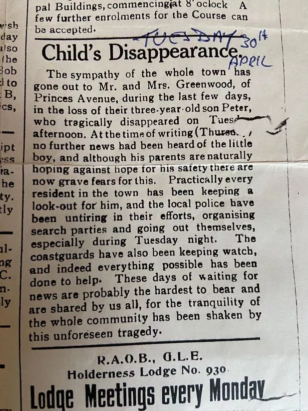 An original article in the Holderness Gazette reporting the disappearance