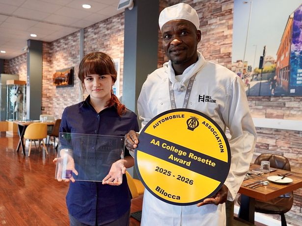 Hull College Catering & Hospitality students Anya Owens (left) and Adam Rahma celebrate Bilocca’s AA College Rosette Accreditation success