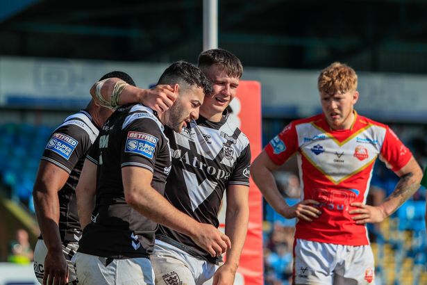 Jake Connor of Hull FC celebrates his try in the second half against Sheffield Eagles 