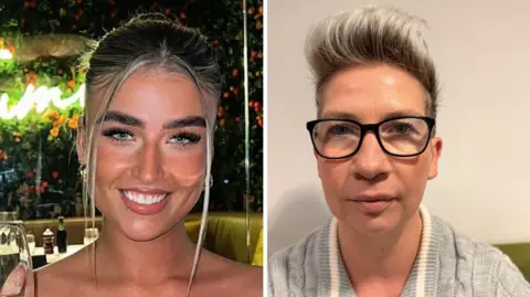 BBC News/Jasmine Lowe Natasha Woroch on the left. She has bleached blonde hair and is smiling at the camera. Her mum Rachel is on the right. She has a a pixie cut that's blonde. She is wearing black rectangular glasses and is looking glumly into the camera. She has a blue collar that you can slightly see and natural makeup on.