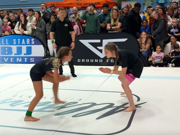 Charlotte Hazell, right, goes into battle at the event