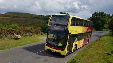 Hull City Council The yellow and red coloured double decker bus in on a country road heading up to the hills. A sheep on the left is walking away from it.