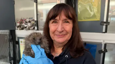BBC The photo shows a woman looking at the camera. She has brown short hair, and is smiling. She's wearing a navy blue hoodie, and bright blue gloves. She's holding a hedgehog. Behind her are stacks of crates. 