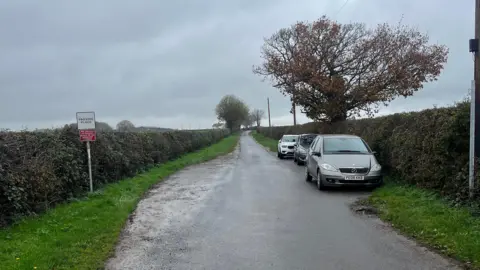 Paul Hopton A single-track road can be seen with two hedges running along each side. There is a passing place on either side of the track with a few vehicles parked on the right.