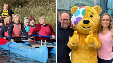 BBC Two images: A group of people wearing red life jackets paddle blue canoes on a calm body of water with tall grass in the background. And a large yellow bear mascot with a colourful polka-dotted bandage over one eye stands outdoors between two people, all giving thumbs up.