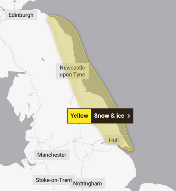 A map showing the 'yellow' ice and snow warning issued by the Met Office for Hull and Newcastle upon Tyre