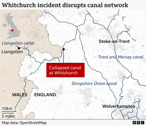 A map showing the canal network around Whitchurch in England and Wales. The map highlights the collapsed canal at Whitchurch. Nearby canals include the Llangollen Canal to the west near Llangollen, the Shropshire Union Canal running south toward Wolverhampton, and the Trent and Mersey Canal to the northeast near Stoke-on-Trent.