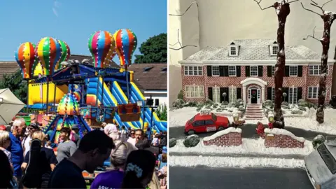 Ann Foster/Grace Hunt Two images: On the left side, a lively outdoor fair with colourful amusement rides, including a large inflatable slide and a spinning ride. On the right, a detailed winter-themed model of a large brick house with snow-covered roof and yard, inspired by a classic suburban home.