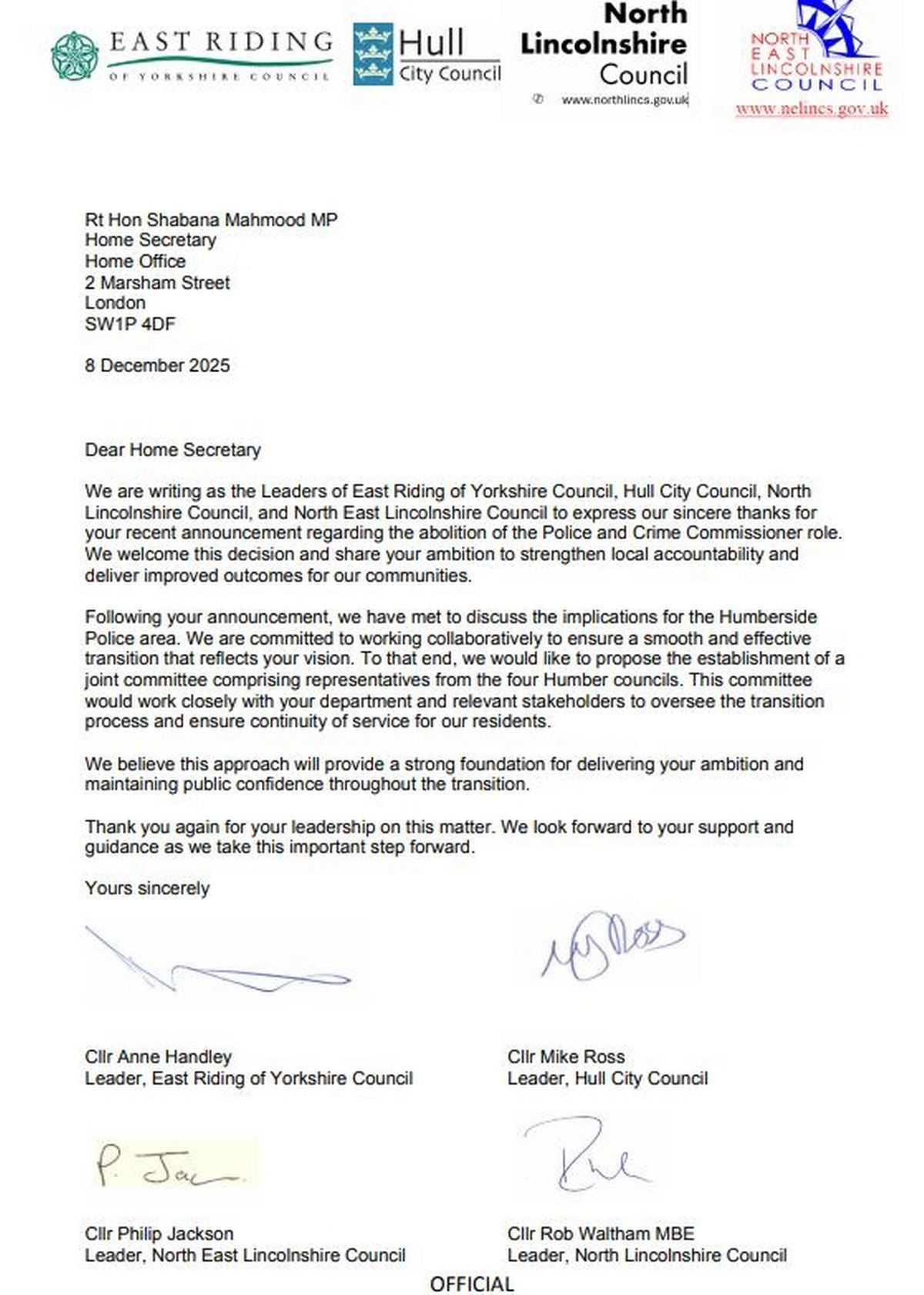 The letter by the leaders of Hull, East Riding, North Lincolnshire and North East Lincolnshire councils to the Home Secretary, welcoming the abolition of the Police and Crime Commissioner (PCC)