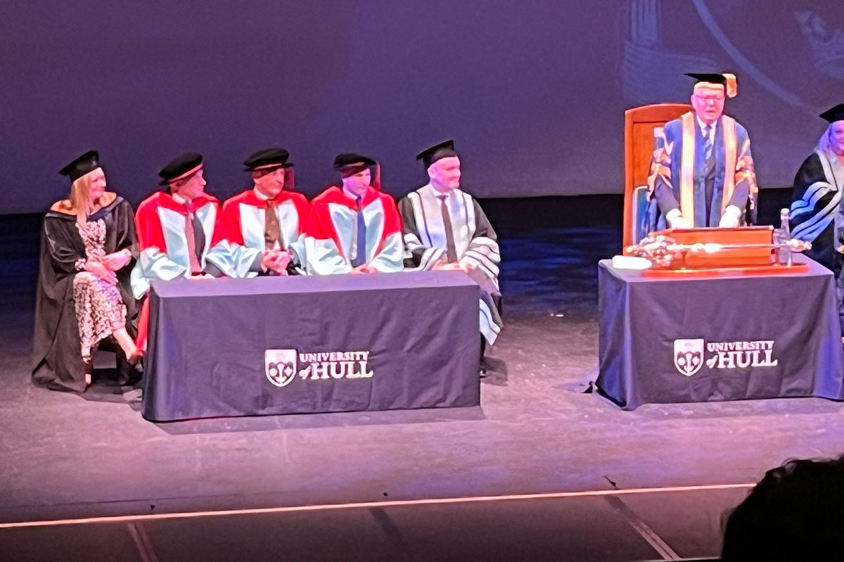 Hull University chancellor Alan Johnson (centre) alongside Willie Peters, Neil Hudgell and Paul Sewell.