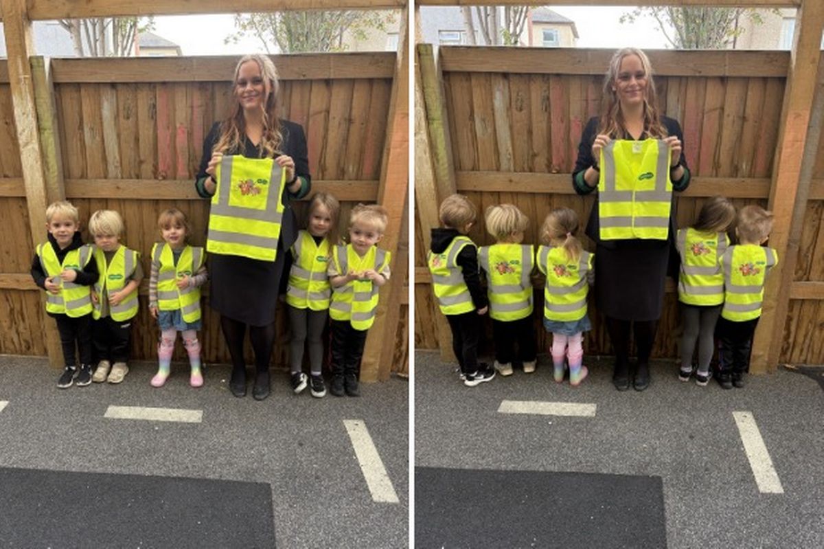 Children of Goole ’s Jellytots Nursery model the hi-vis vests donated to them by Specsavers Goole