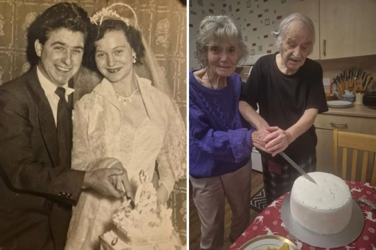Irene and Roy Clark cutting their wedding cake on Christmas Eve 1955, and their 70th wedding anniversary cake on Christmas Eve 2025