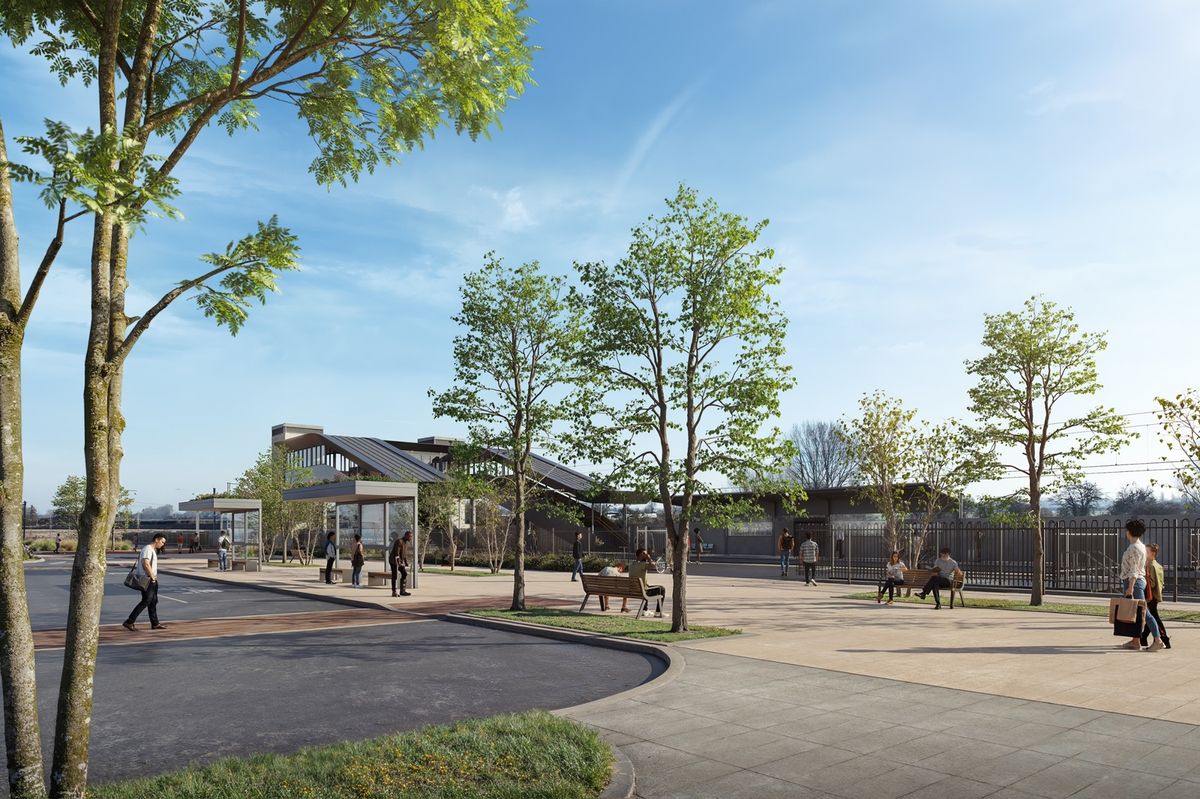 Spencer Rail Engineering will deliver the design and build of the station which will include two fully accessible platforms, a footbridge, lifts, and improved integration with walking, cycling and bus facilities. The image depicts what the exterior of station will look like. Credit: Greater Cambridge Partnership.