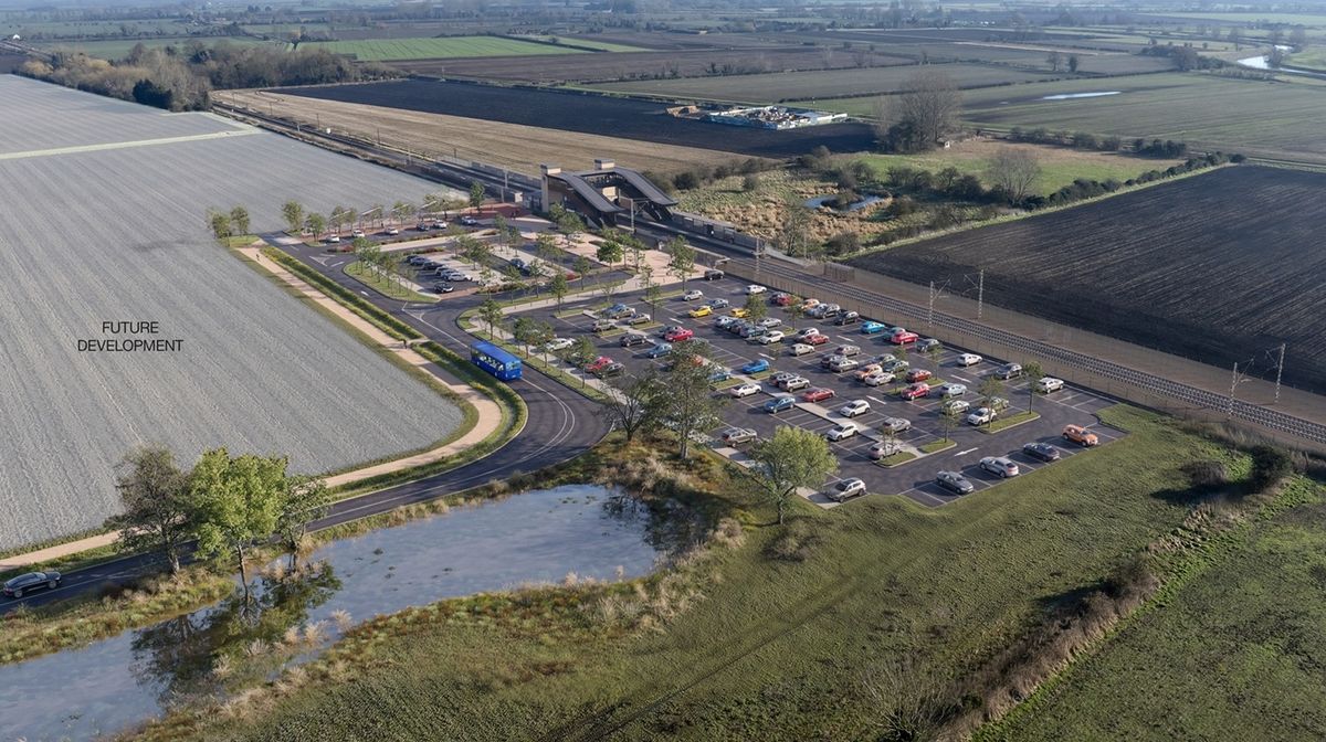 An aerial visualisation of what the station, car park and access road will look like once complete. Credit: Greater Cambridge Partnership.
