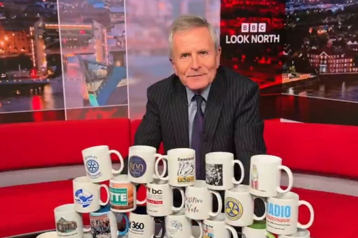 BBC Look North host Peter Levy with some of his collection of Mug of the Day mugs