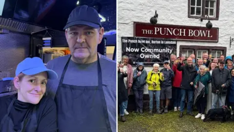 BBC Two images: on the left a woman and a man in aprons, T shirts and caps and on the right a group of people outside a pub called The Punch Bowl 
