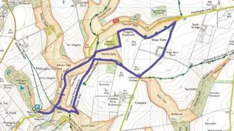Crown Copyright An ordnance survey map showing the detailed route of the Millington Wood circular walk