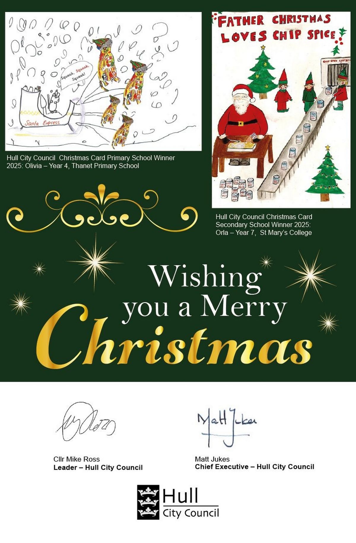 Winning designs from Hull City Council's 2025 Christmas Card Competition adorning its official greetings card