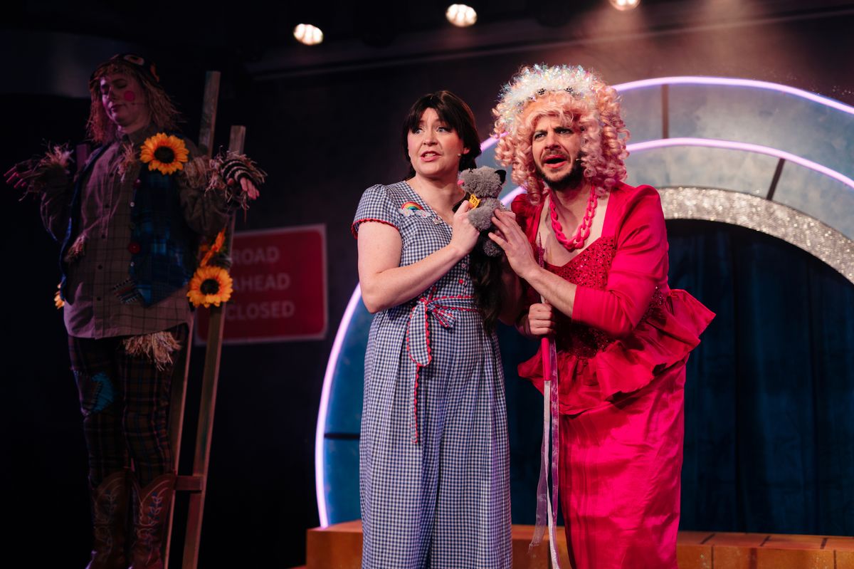 Scarecrow (Sophie Clay); Dorothy (Josie Morley); and Pattie Breadcake (Marc Graham)